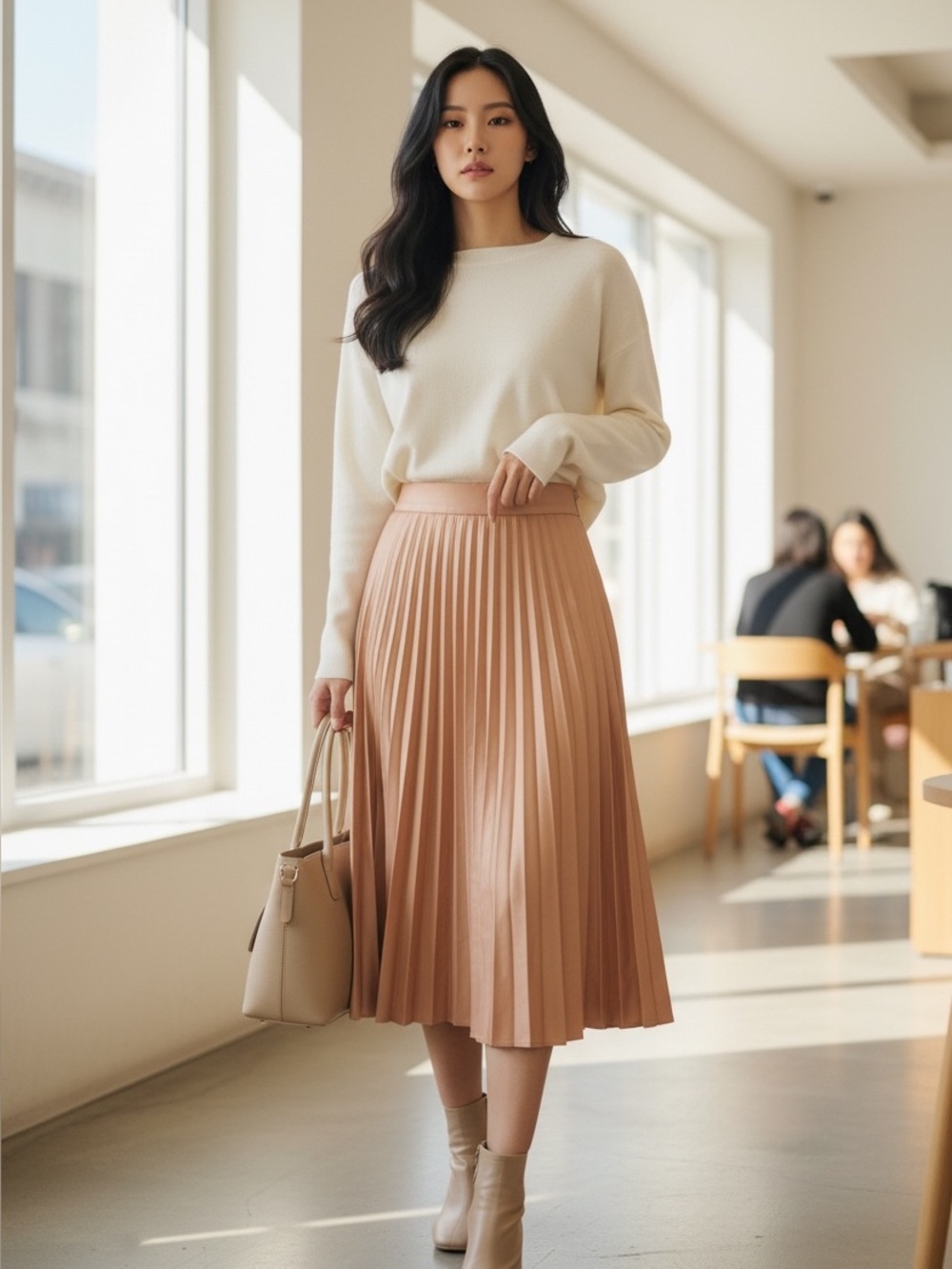 Zara Satin Pleated Midi Skirt in Peach - Size M